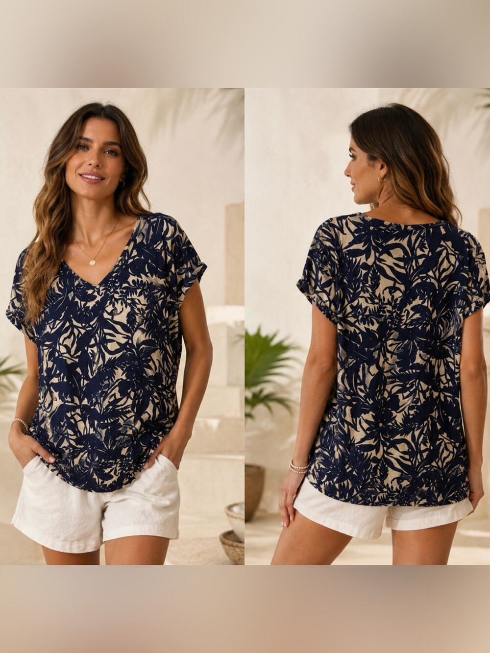 WAREHOUSE Navy & Cream Floral Viscose V Neck Resort Vacation Top Size 6
